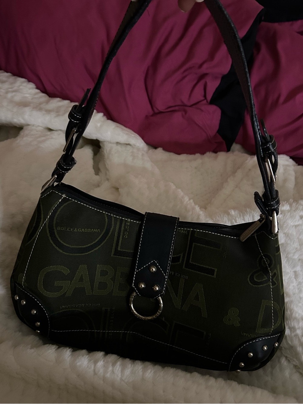 Dolce & Gabbana Dark Olive Logo Canvas Shoulder Bag